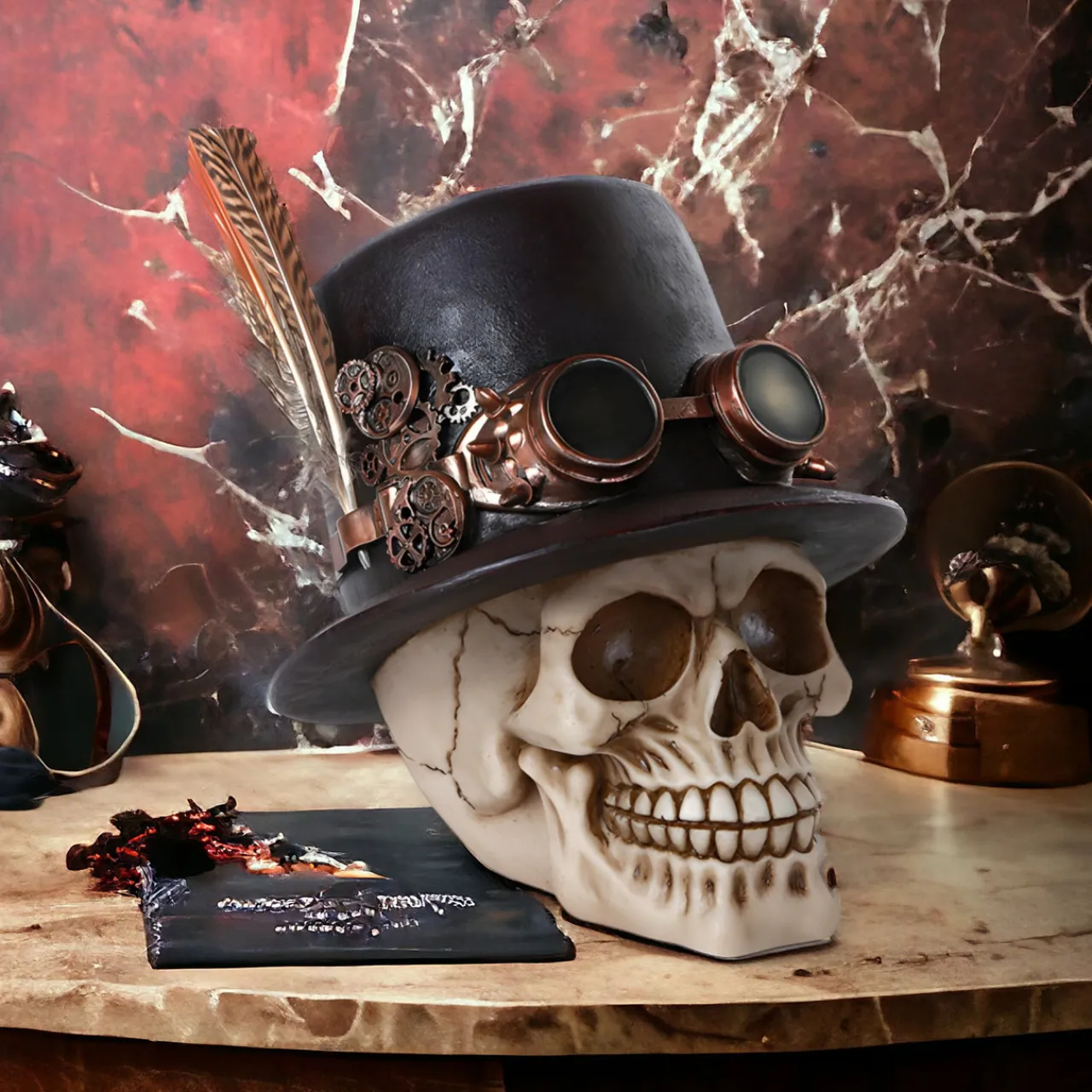 Steampunk Skull With Top Hat Figurine< New