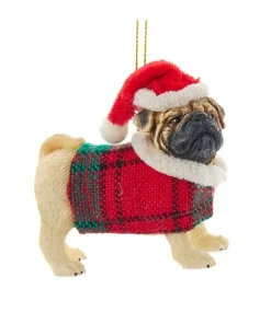 Tan Pug With Plaid Coat and Santa Hat<Kurt Adler Best
