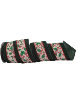 Velvet Ribbon with Holly &amp; Berries finished with Glitter< New