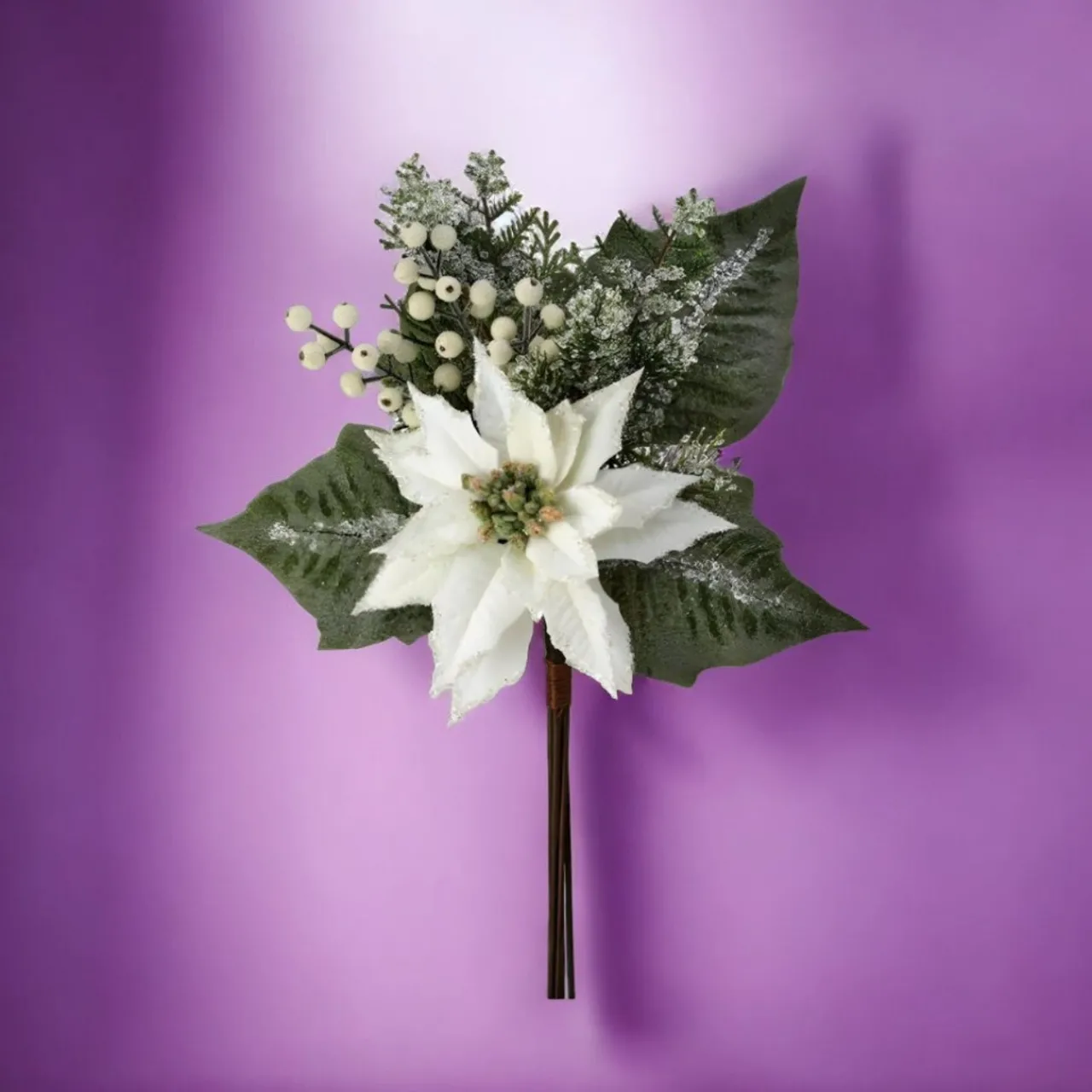 Velvet White Poinsettia Berry Pine Iced Pick< Discount