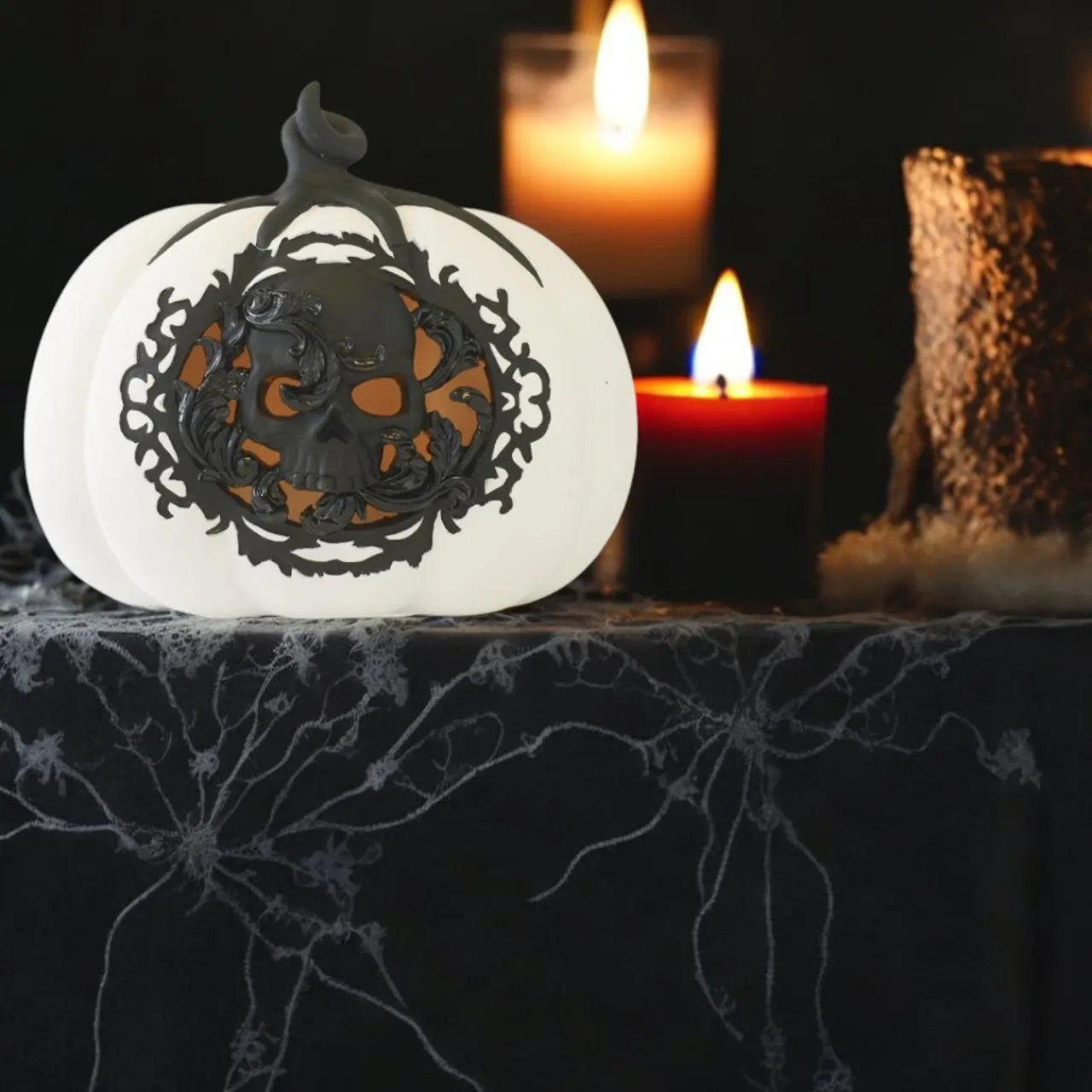 White And Black Filigree Skull LED Pumpkin with Timer< Discount