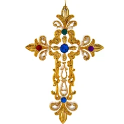 White and Gold Jeweled Cross Ornament with Large Blue Jewel at The Centre<Kurt Adler Best