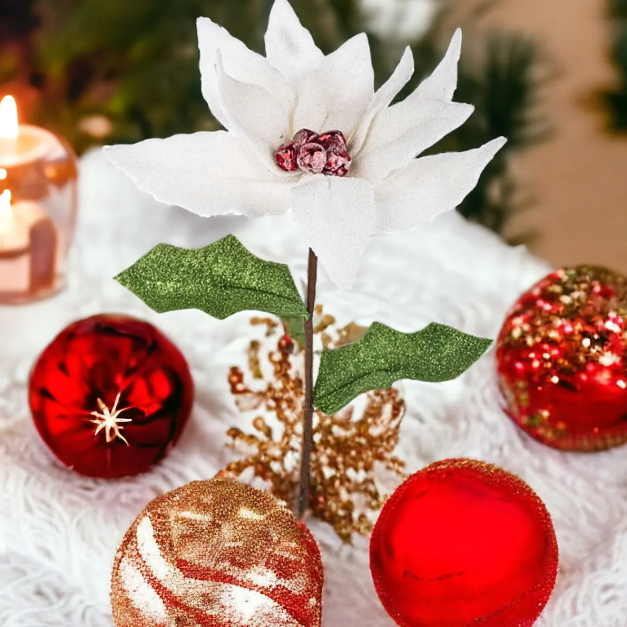 White Poinsettia Pick with Glitter< Fashion