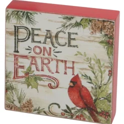Wooden Evergreen Block With The Insignia "Peace On Earth"< Sale