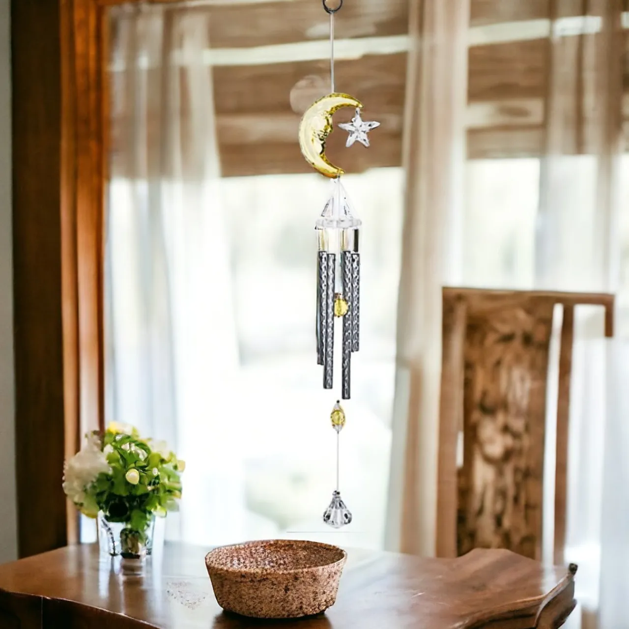 Yellow Moon Windchime with Star and Crystals< Hot