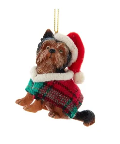 Yorkshire Terrier With Plaid Coat and Santa Hat Ornament<Kurt Adler Outlet